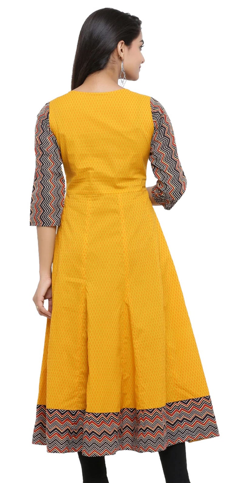 Yash Gallery Indian Cotton Geometric Print Anarkali Kurtis for Women (Mustard Yellow) - Image 3